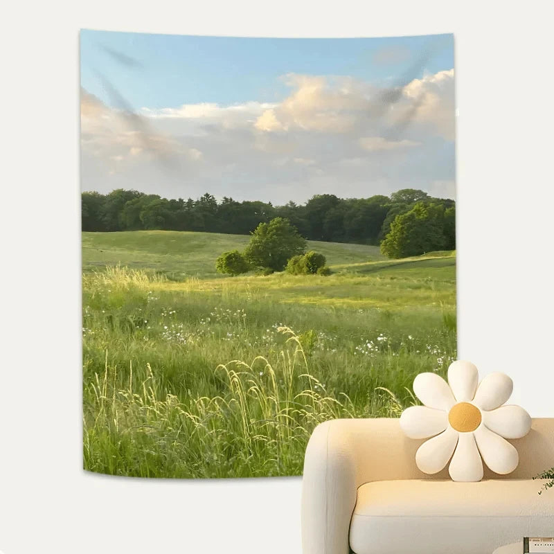 tapisserie paysagère vert bleu nuages herbe simple rectangulaire suspendue maison chambre salon