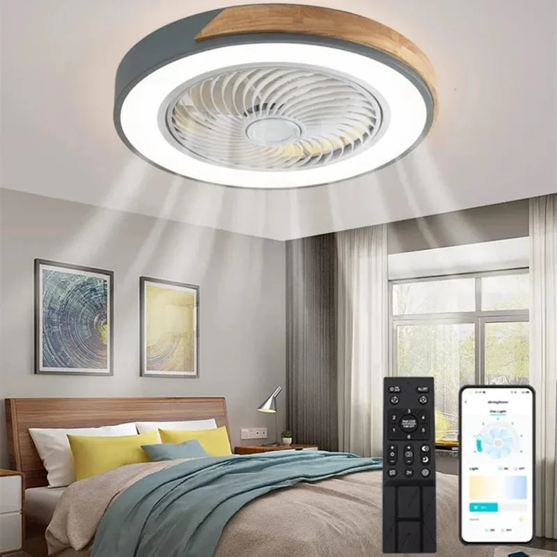 ventilateur bois led gris blanc minimaliste moderne télécommande luminoșité variable certifications sécurité chambre salon