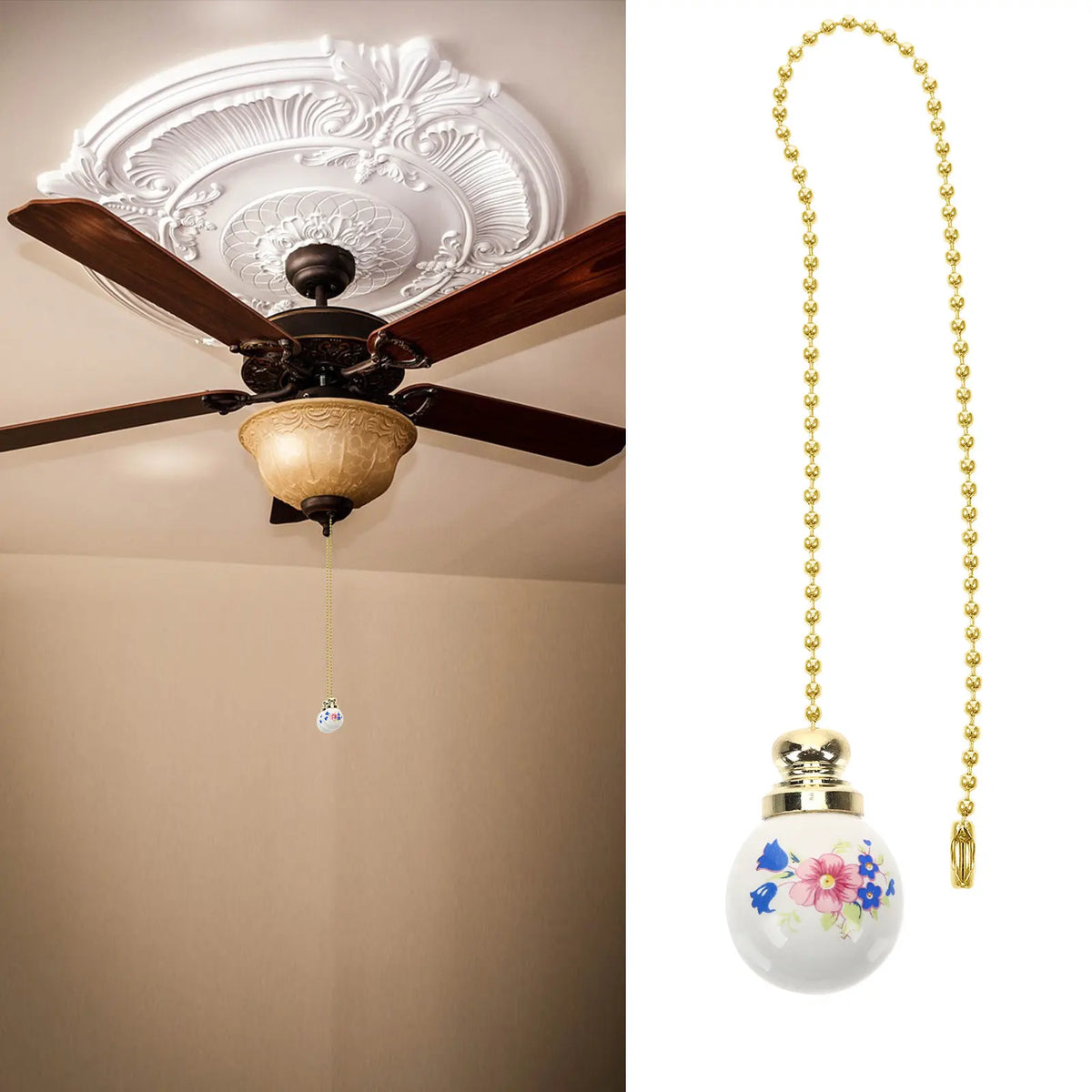 pendule plafonnier fleur peinte blanc doré bleu rose vert classique opacité chaîne boule décorative