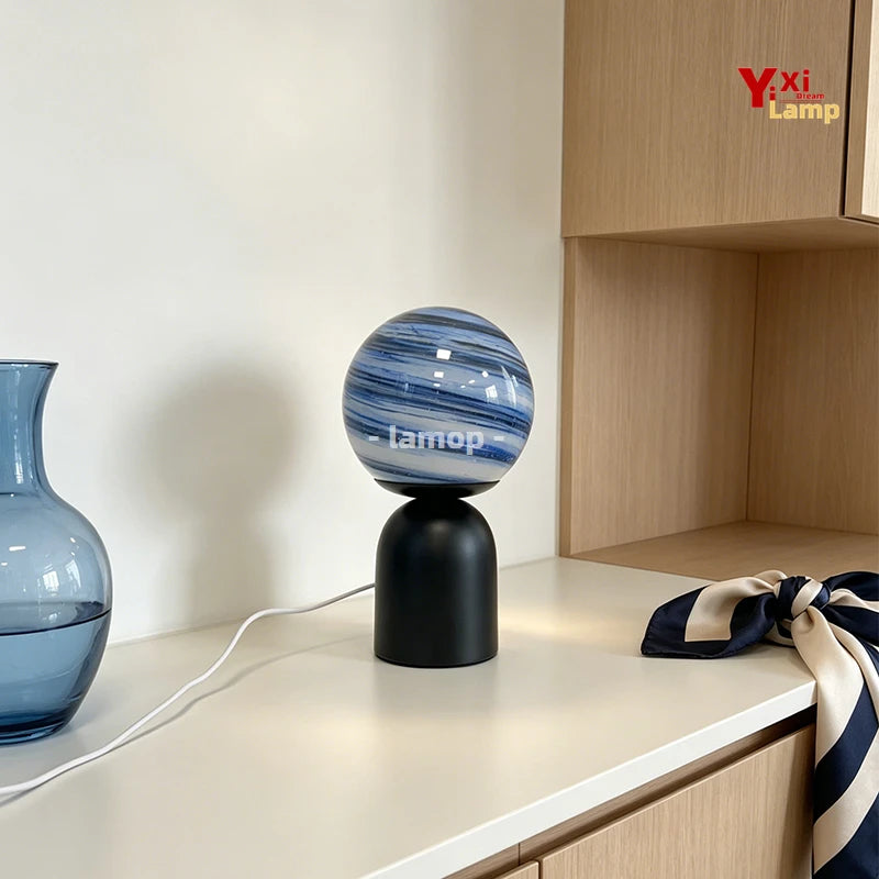 lampe table moderne noir bleu striees led usb rechargeable vitrail opaque chambre