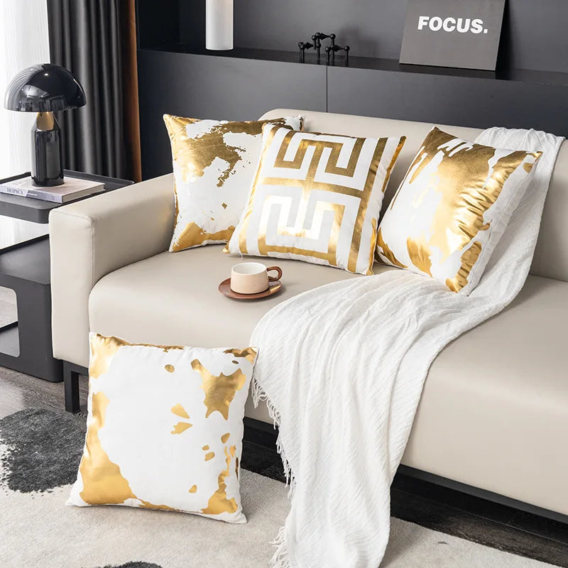 coussins décoratifs contemporains blanc doré motif abstrait non toxique respectueux environnement polyester opacité fixés