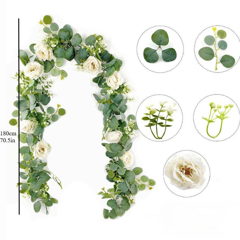 guirlande eucalyptus artificielle fleurs blanches decoration mariage exterieur vert rose