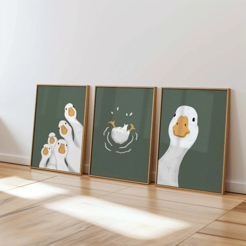 toile d'art oies illustration moderne minimaliste sans cadre vert foncé blanc 20x30cm 30x42cm 40x60cm
