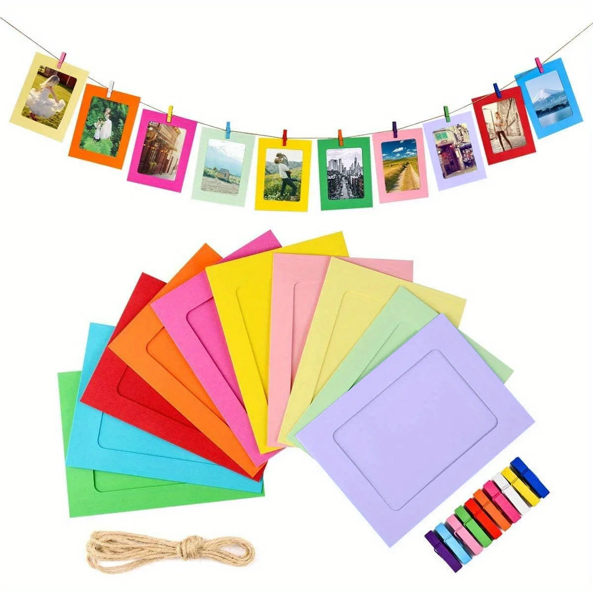 cadres photo papier coloré bleu jaune rose vert orange violet moderne clips cordelette minimaliste