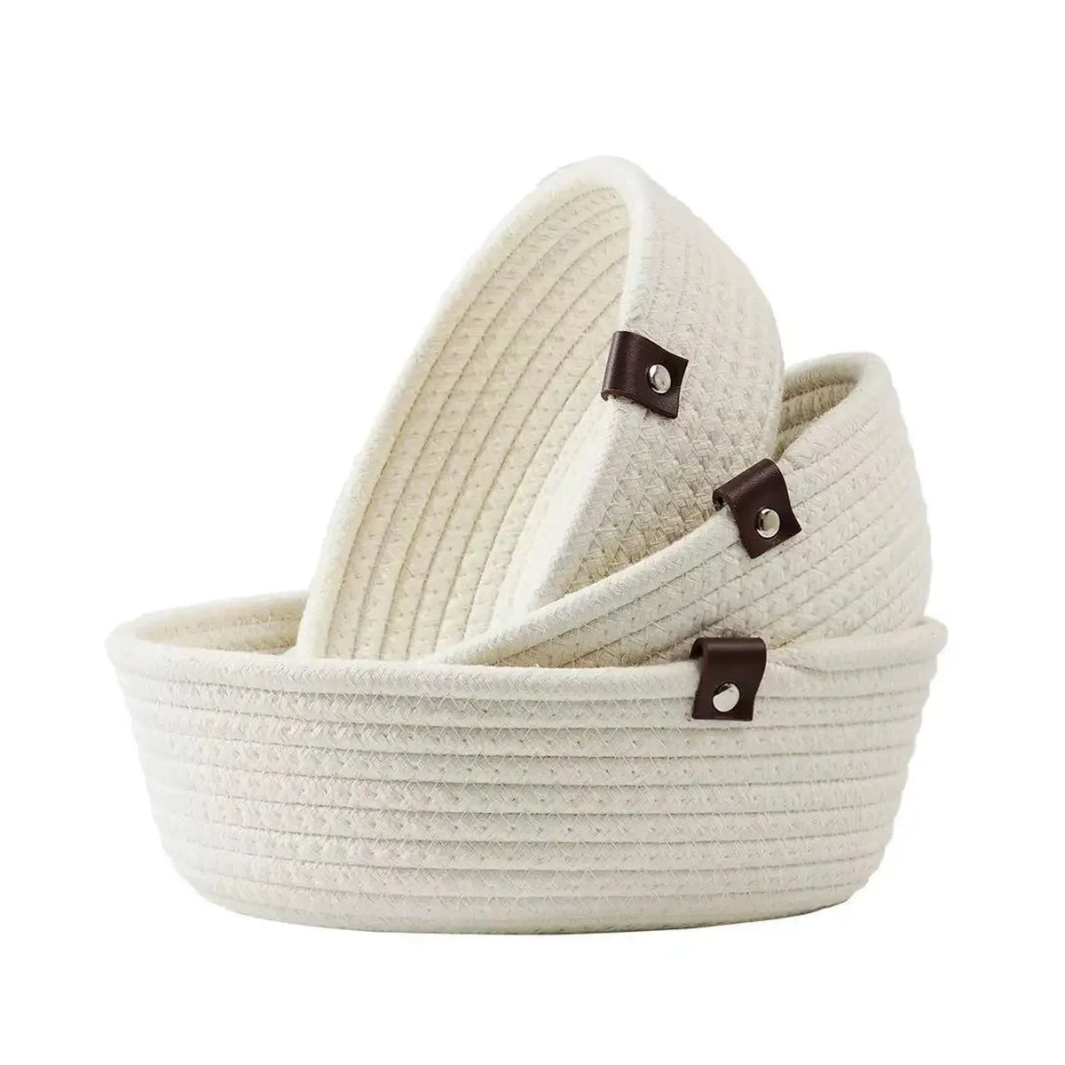 paniers rangement tressés gris clair motif cordelet rustique ensemble trois tailles différentes