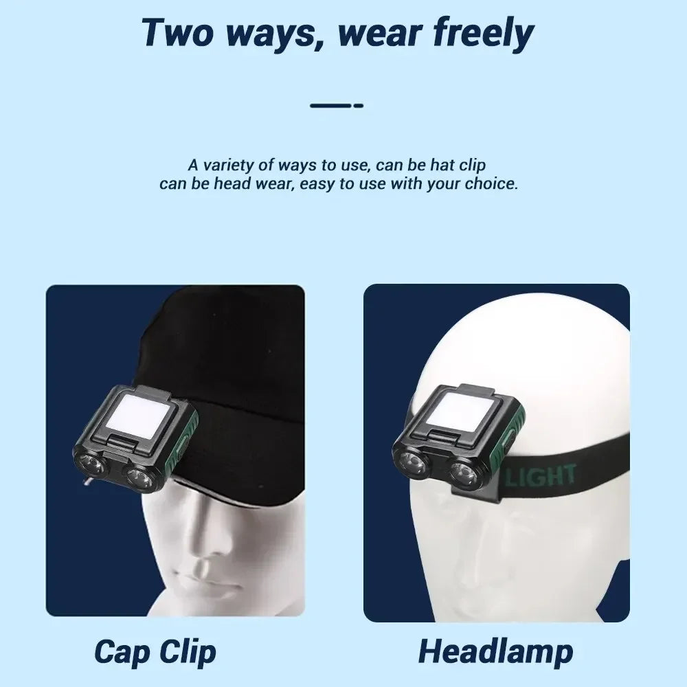 lampe frontale led rechargeable clip headband deux modes lumiere blanche rouge camping pêche