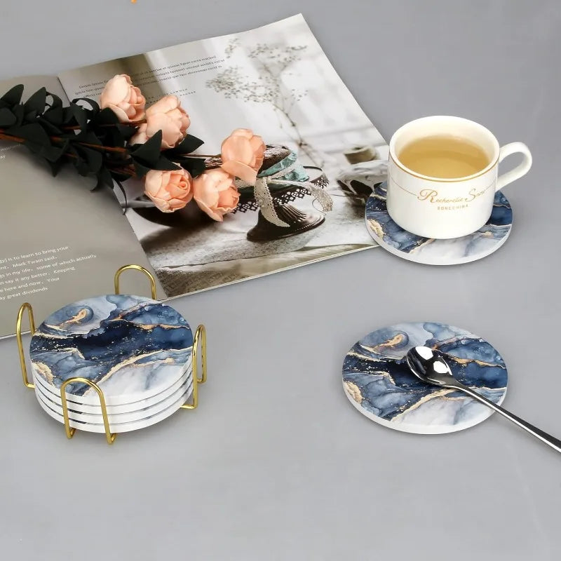 tapis tasse dessous verre motif marbre bleu acrylique moderne décoration table piècesporte dessous or