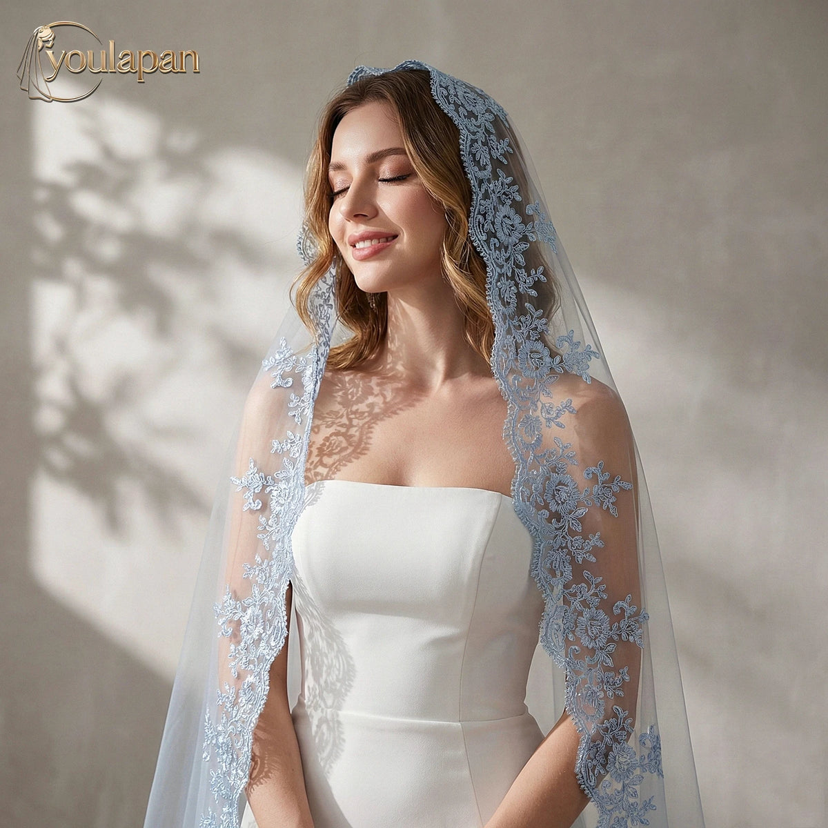 voile mariée dentelle bleue transparent romantique élégant accessoire mariage femme largeur 160cm