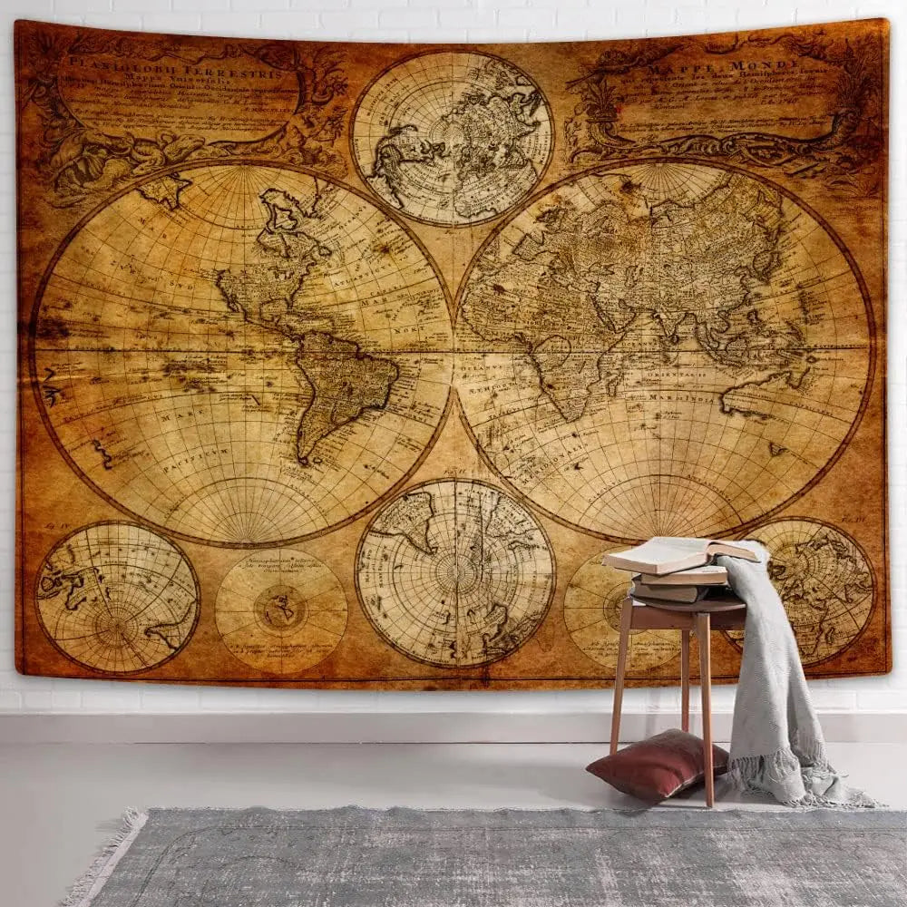 tapisserie murale carte monde ancienne vintage beige marron noir texturée rétro décoration mur rectangle