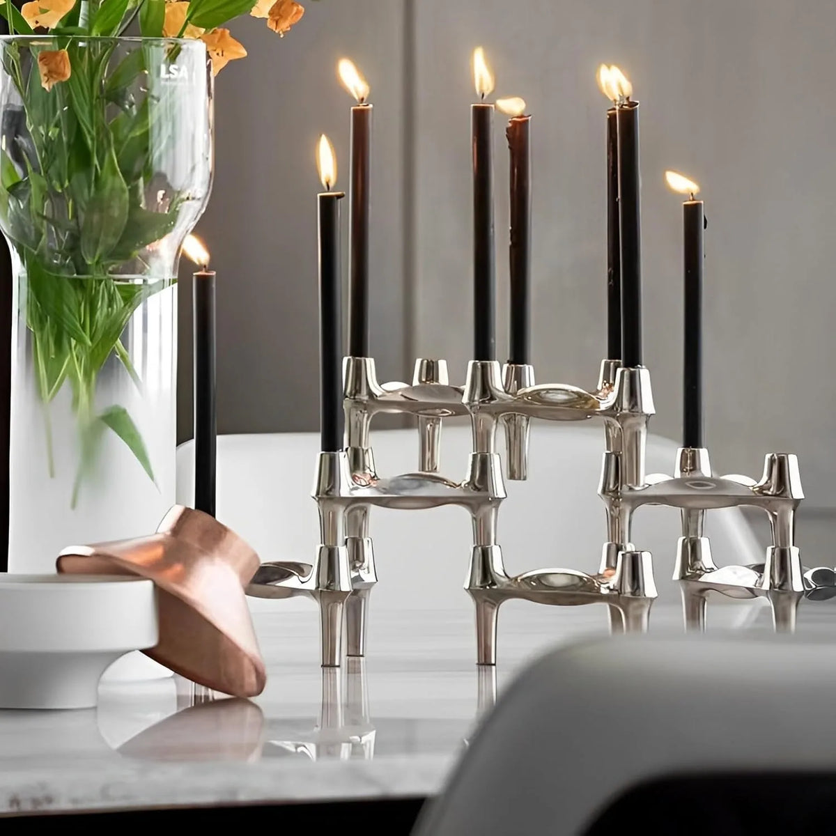 Support bougie argenté moderne modular géométrique contemporain décoration table mariage