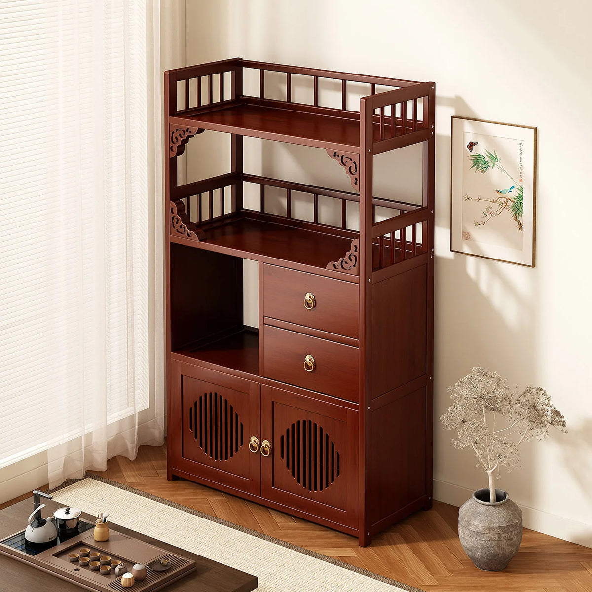 meuble rangement marron foncé tiroirs étagères classique traditionnel texture bois naturel multifonctionnel salon cuisine