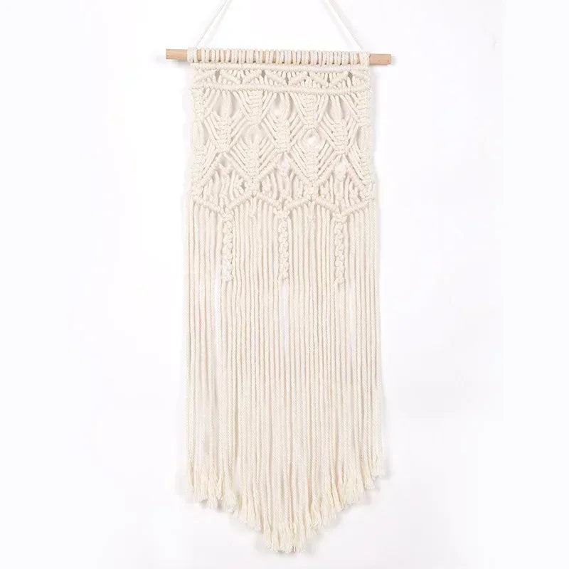 tapisserie macramé boho chic beige motifs géométriques franges moderne suspension maison