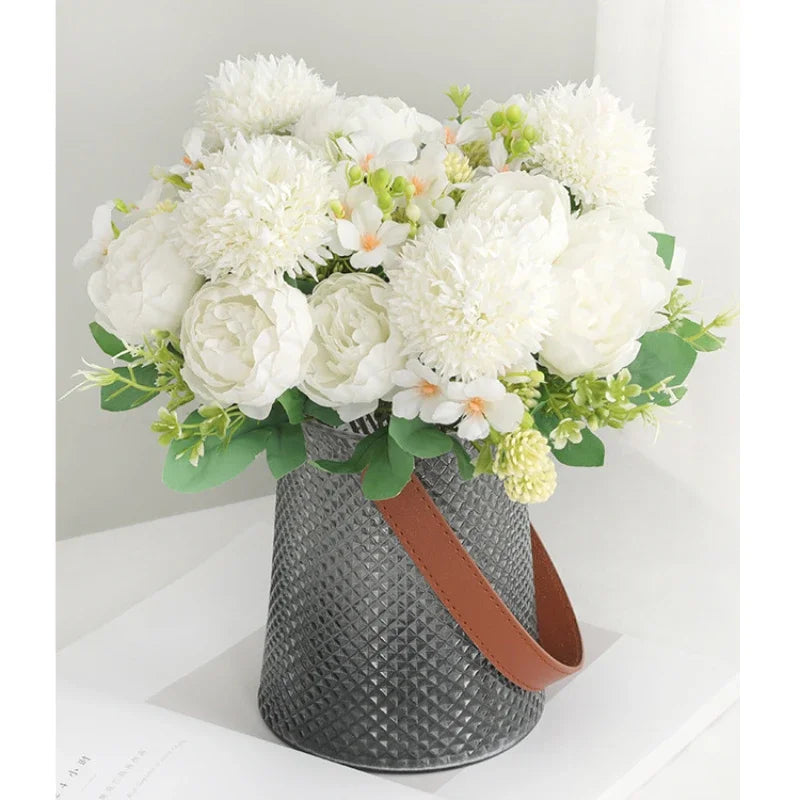 bouquet artificiel pivoines fleurs soie blanc rose bleu intérieur mariage anniversaire decoration