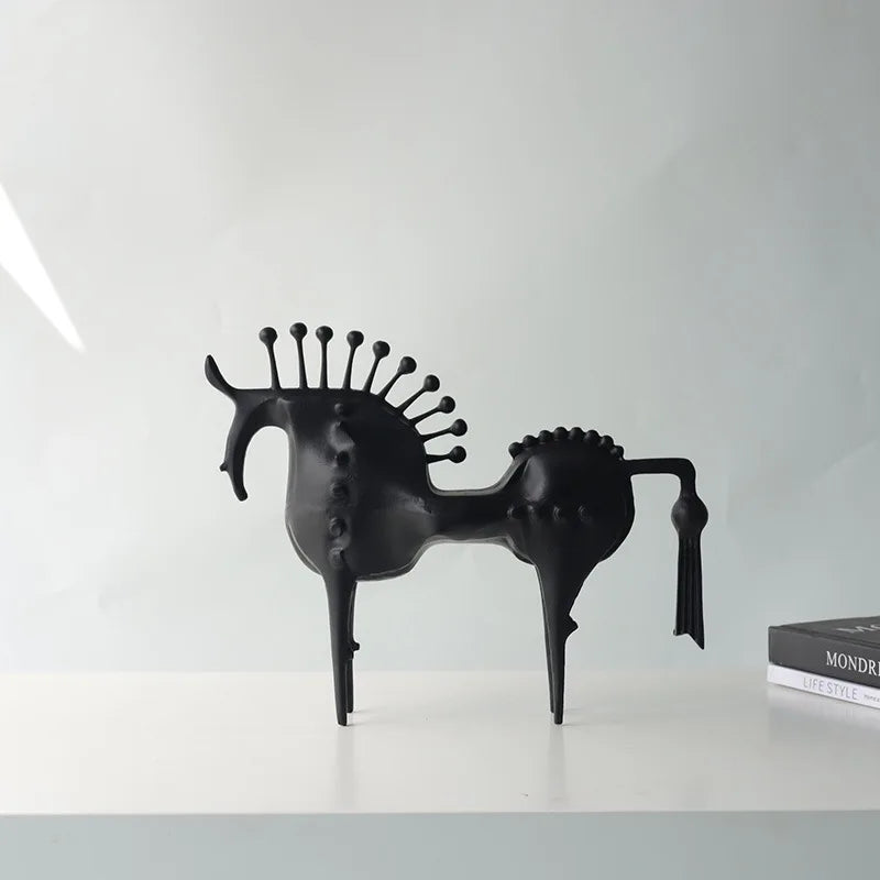 sculptures abstraites chevaux métal noir modernes maison 30cm 20cm texturées points sphères