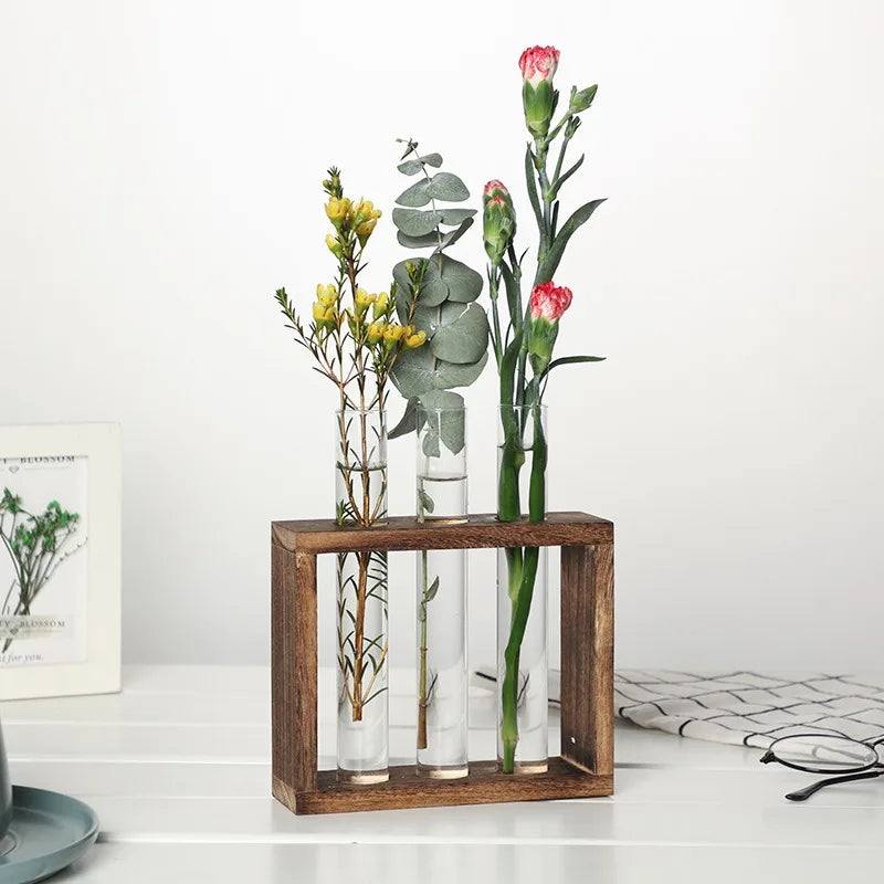 support fleurs moderne bois marron clair tubes verre transparent rustiqueintérieur decoration