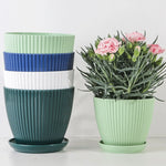 Pot fleurs moderne rayures vertes bleues blanches plateau support diverse couleurs