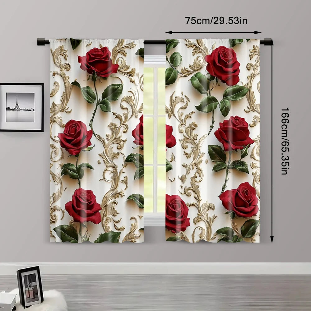 rideau classique roses rouges feuilles vertes motifs dorés polyester blanc rouge vert opaques