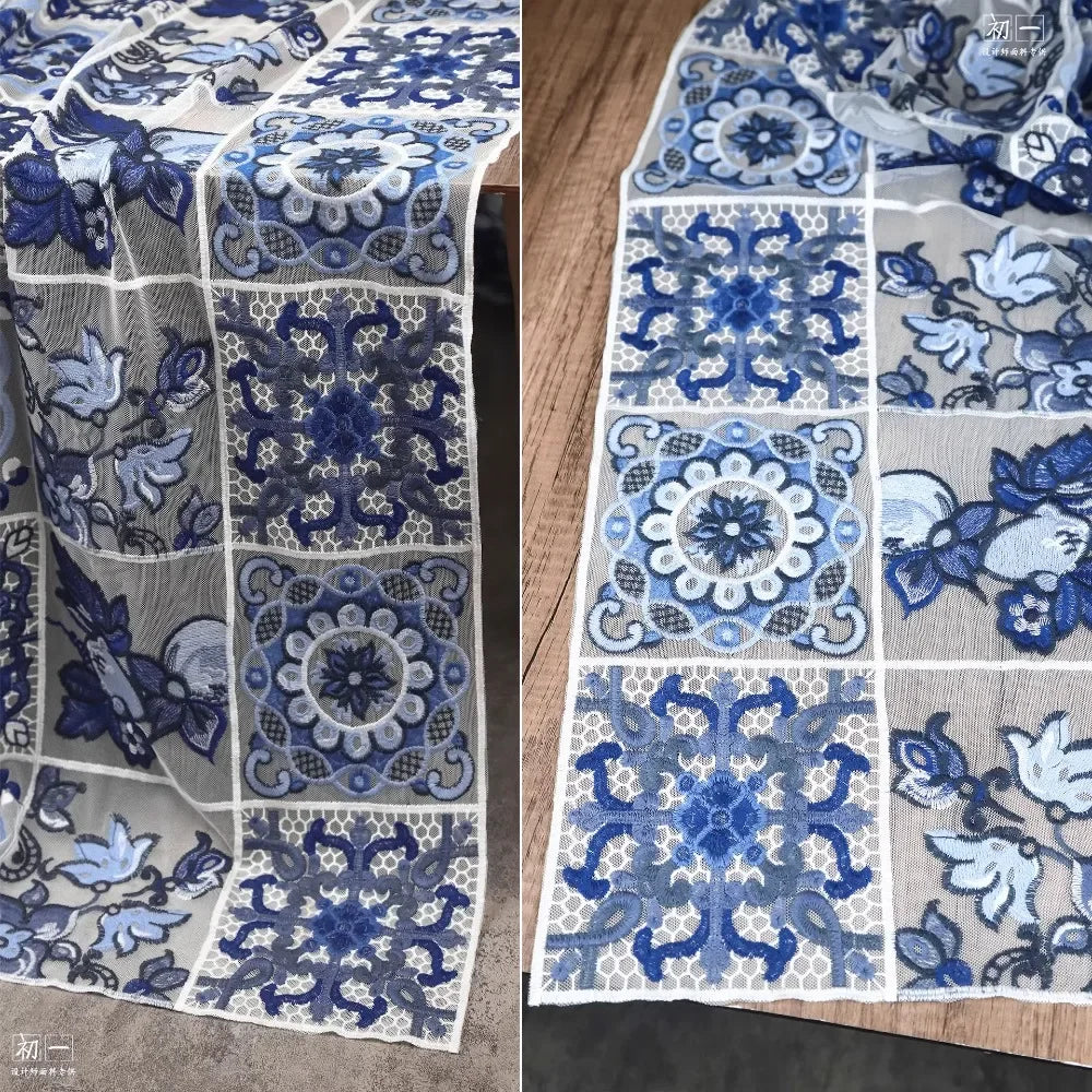 écharpe ethnique patchwork floral géométrique bleu gris blanc opaque traditionnelle française