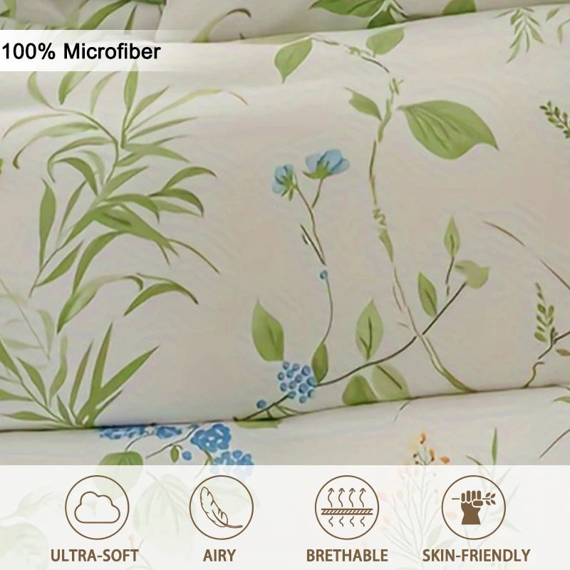 ensemble literie floral housse couette taies oreiller motifs fleurs feuilles classique moderne blanc vert
