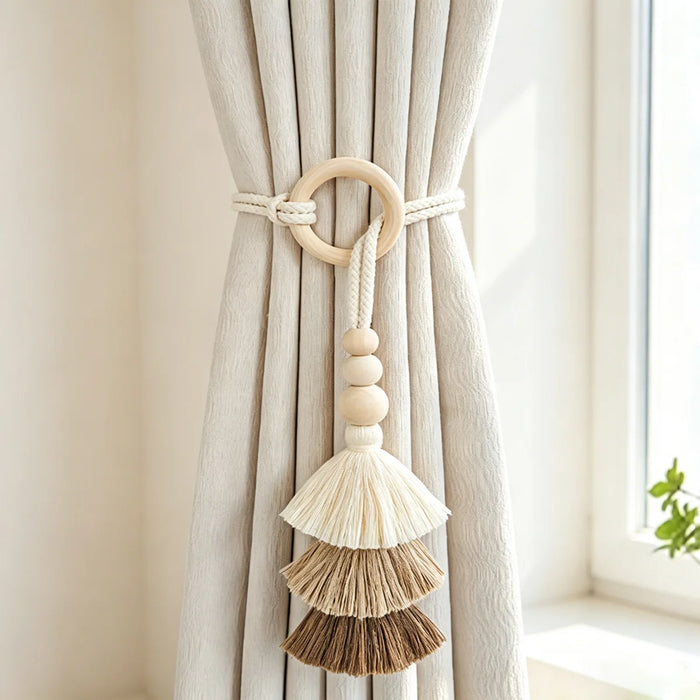 boucles rideau tissu tressé bois pompons boho chic anneaux réglables coton opaque nordique rustic