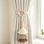 boucles rideau tissu tressé bois pompons boho chic anneaux réglables coton opaque nordique rustic