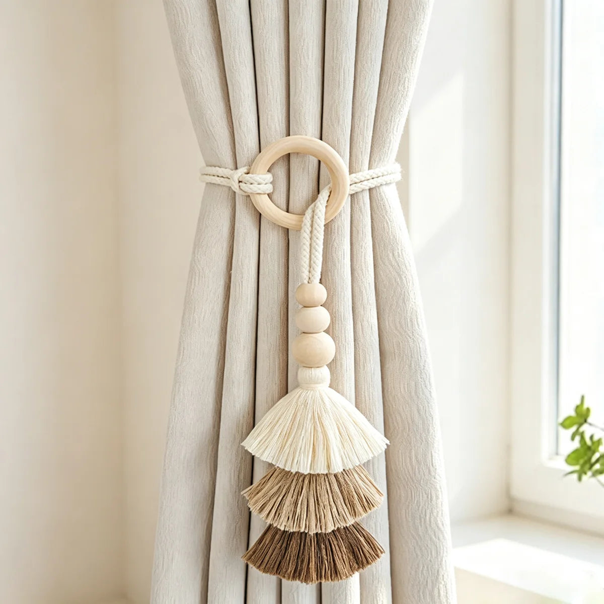 boucles rideau tissu tressé bois pompons boho chic anneaux réglables coton opaque nordique rustic