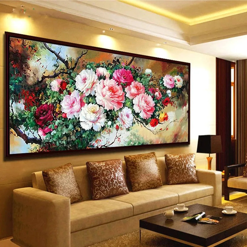tableau peinture l'huile floral fleurs roses rouges blanches fond vert cadre noir coton 100x55cm