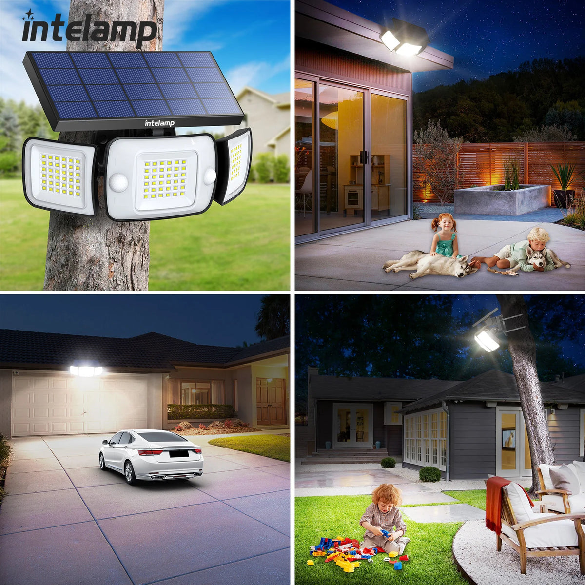 lampe solaire moderne panneaux solaires bleus deux capteurs mouvement ip65 led jaunes autonomes