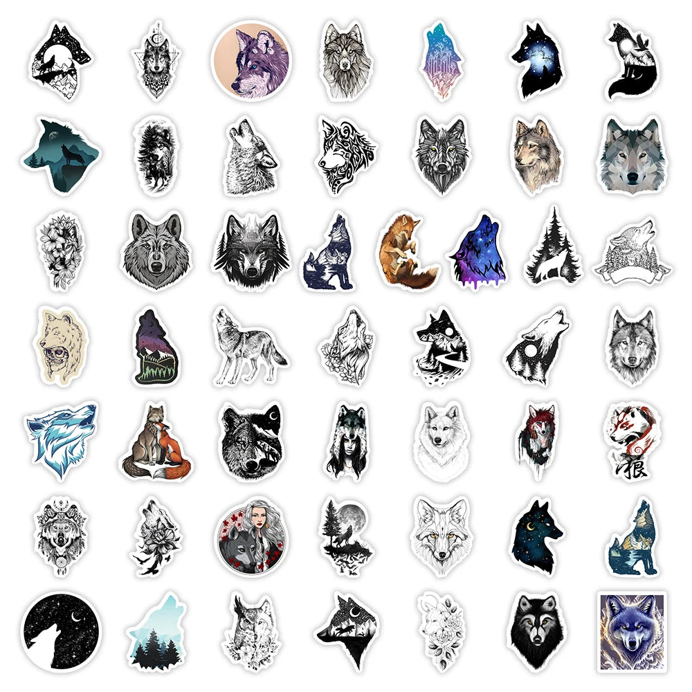 sticker adhésif waterproof loup paysage nocturne visage féminin motifs géométriques multi couleur art numérique