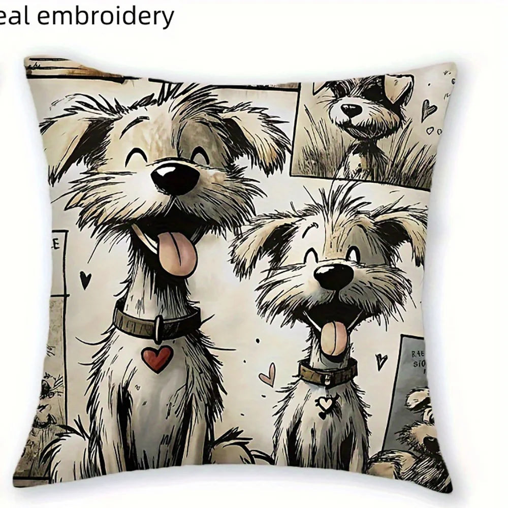 coussin chien mignon coeurs clés illustration cartoon blanc noir beige