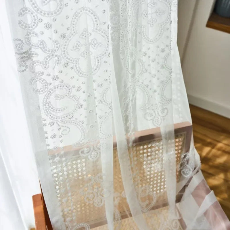 rideau tulle blanc transparent broderie fleurs motifs classique salon chambre voile luxe