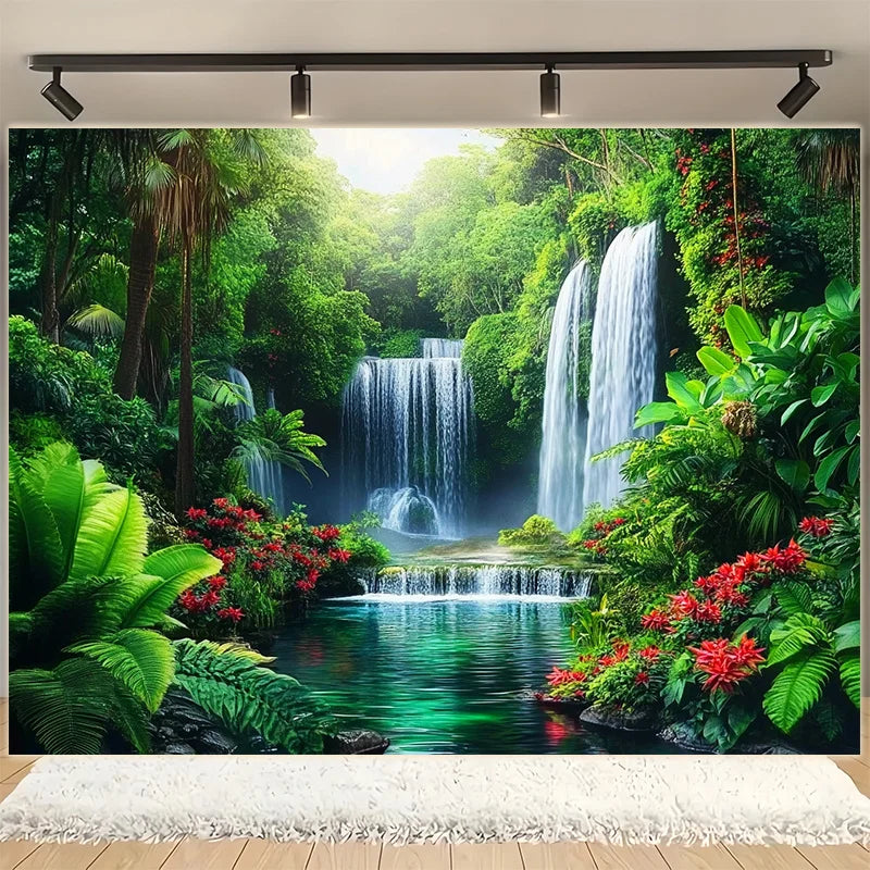 toile panoramique paysage naturel cascades végétation luxuriante impression numérique vert blanc rouge noir