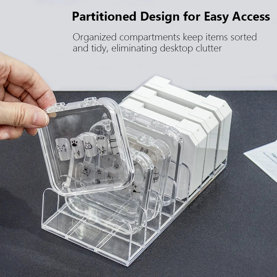 rangement moderne boîtes transparentes ongles pressés organisation maquillage minimaliste salon