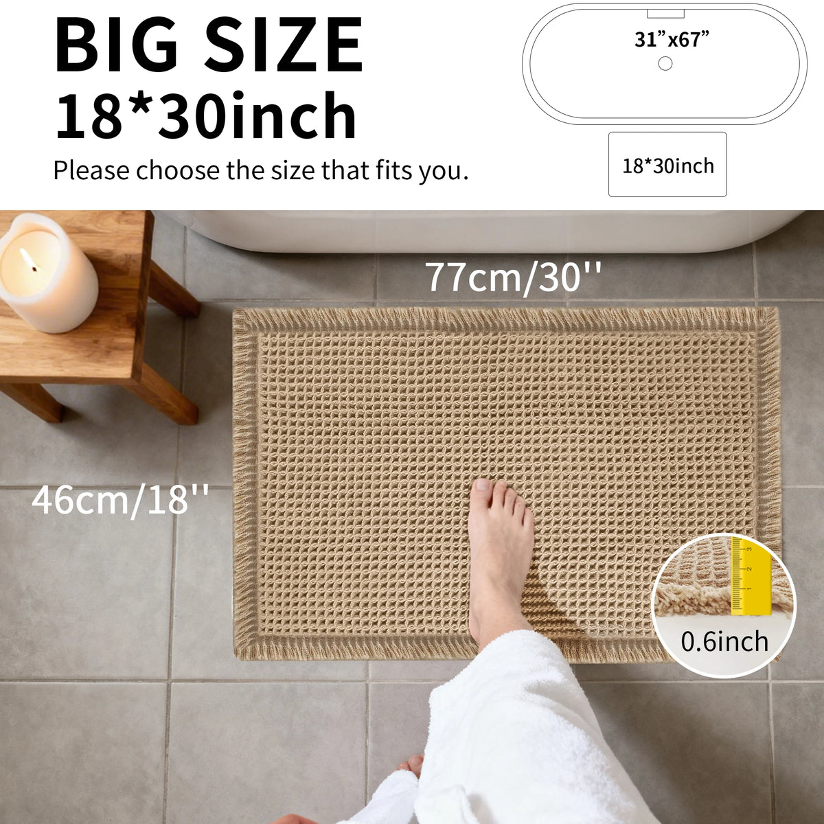 tapis bain microfibre absorbant antidérapant moderne beige clair maille géométrique bordure frisée sèche rapidement