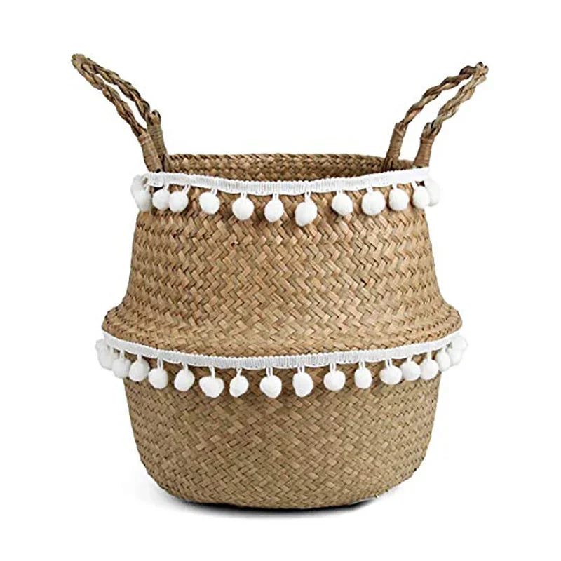 panier tissé paille naturelle boho blanc pompons poignées corde rangement
