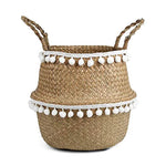 panier tissé paille naturelle boho blanc pompons poignées corde rangement