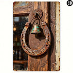 plaque métallique décoration vintage fer cheval cloche bonne chance marron vert opacité