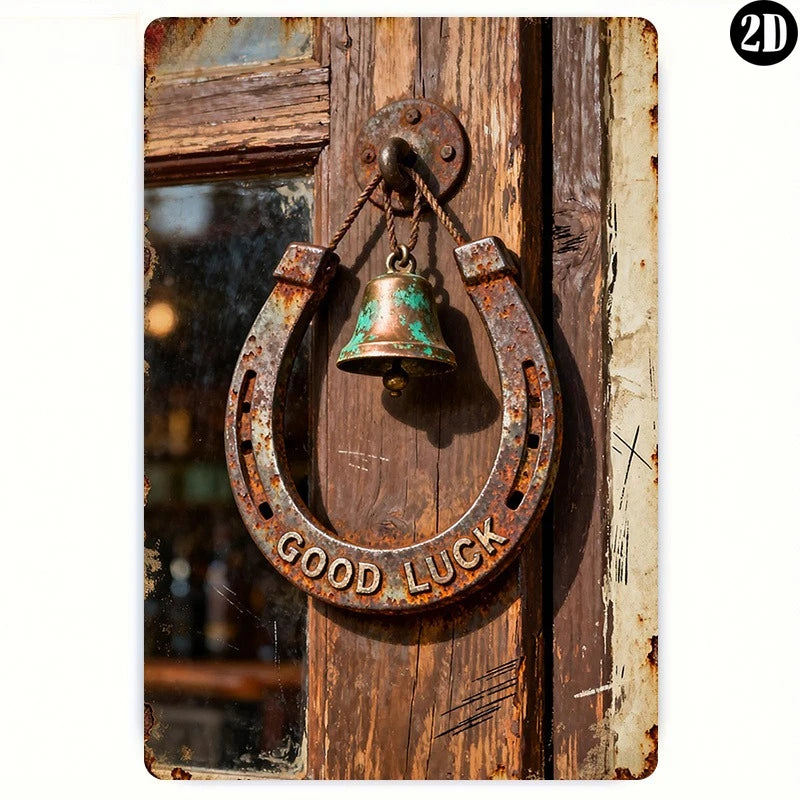 plaque métallique décoration vintage fer cheval cloche bonne chance marron vert opacité