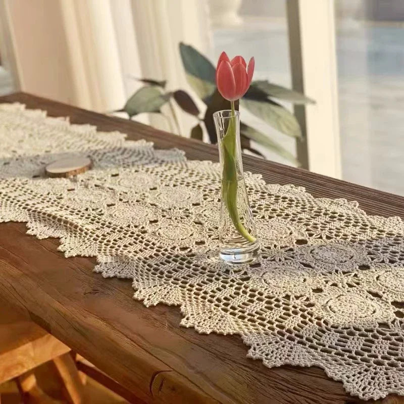 nappe dentelle fleur coton blanc cassé motif floral texture ajourée vintage rustique 140cm farmhouse