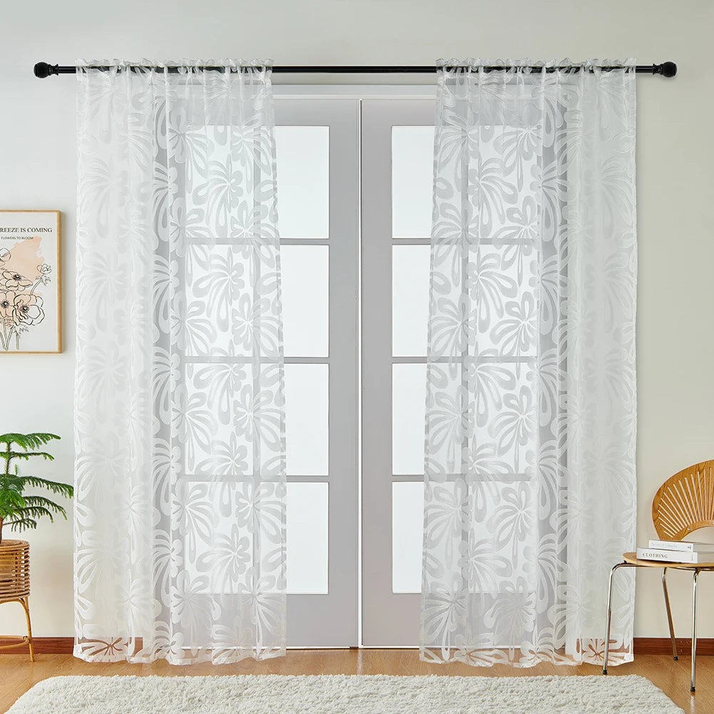 rideau moderne polyester jacquard fleurs stylisées transparent blanc beige maison hospitalité 132x243cm