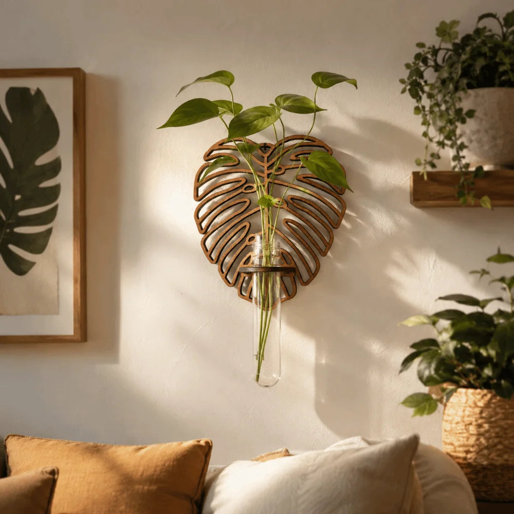 vase mural bois feuille transparent suspendu plante moderne nature inspiration