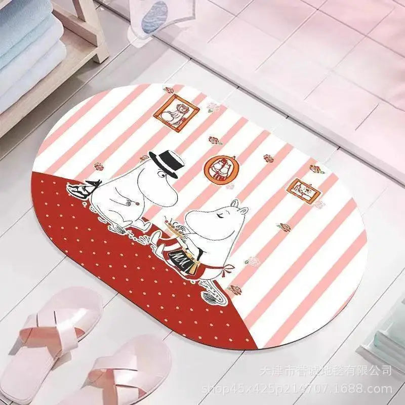 tapis sol moomin dessins animés rose clair blanc rouge bleu personnages fleurs illustration salle