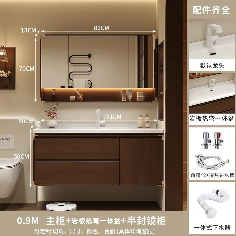 meuble salle bain moderne miroir étagère rangement blanc marron bois naturel