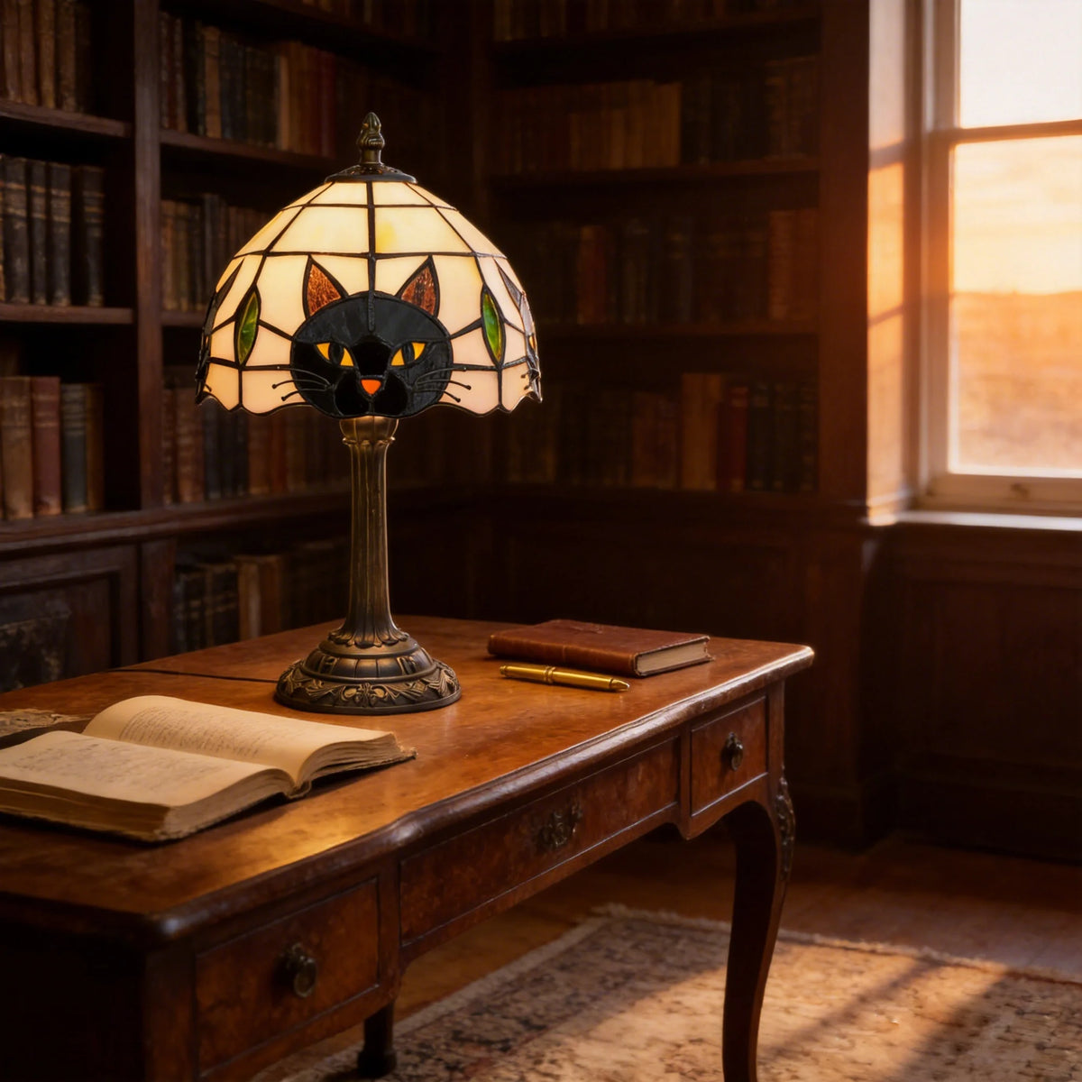 lampe table tiffany vitrail cat face noir blanc vert orange tasse base solide interrupteur