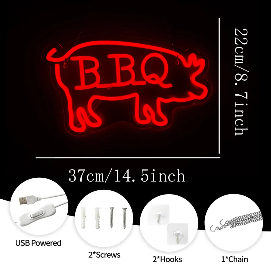 néon lumineux barbecue steak fourchette couteau flamme porc kebab rouge blanc moderne fixations murales