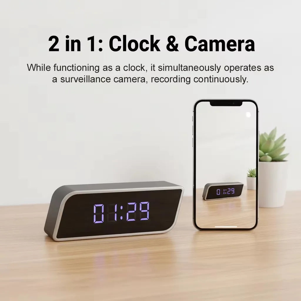 caméra horloge numérique full hd wifi vision nocturne batterie microsd noir bleu moderne