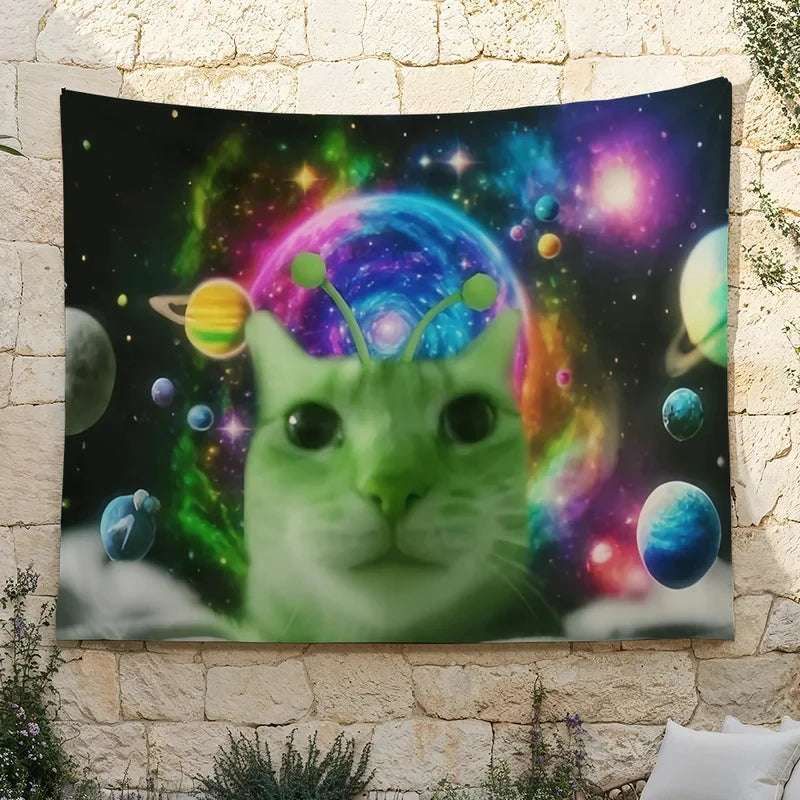 tapisserie murale chat espace vert motif galactique décoration chambre salon moderne humour tissu polyester