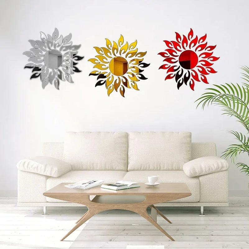 miroir mural moderne argent doré noir feuilles stylisées adhésif décoration maison abstrait set multiple