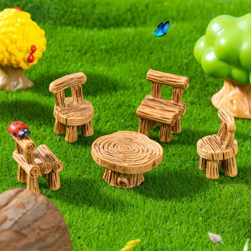 miniature mobilier jardin résine imitation bois table chaises bûche coccinelle papillon fleurs arbre
