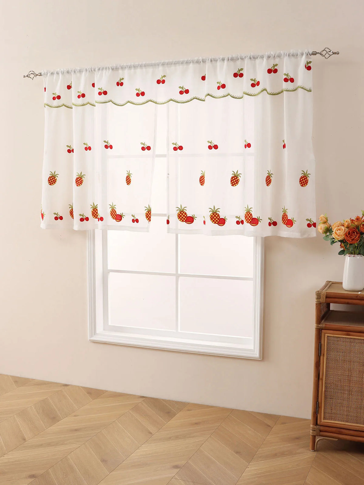 rideau brodé fruits transparent rustique couleur rouge blanc vert cuisine fenêtre